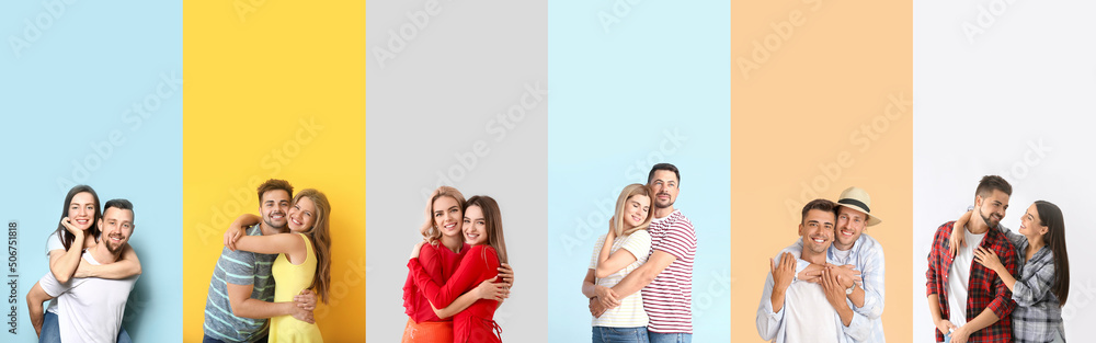Collage with hugging couples on colorful background Stock Photo | Adobe ...
