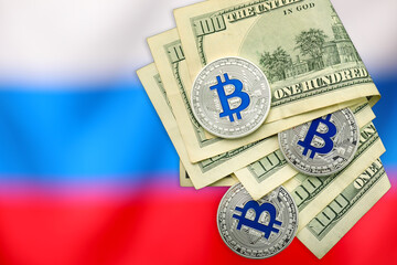 Wall Mural - Dollars with bitcoins against national flag of Russian Federation