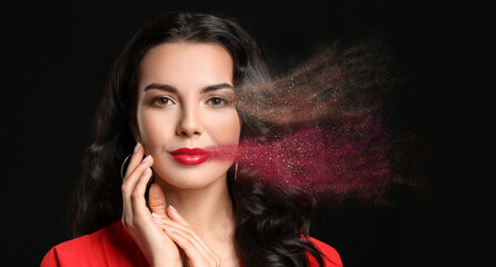 Poster - Young woman with beautiful makeup on black background