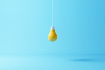 Wall Mural - Hanging light bulb yellow standing on light blue background. Concept of creative idea and innovation. 3d render illustration