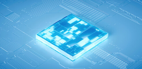 3D rendering of cyberpunk AI. Circuit board. Technology background. Central Computer Processors CPU and GPU concept. Motherboard digital chip. Tech science background.