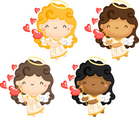 a vector of a cute cupid angel in multiple skin col