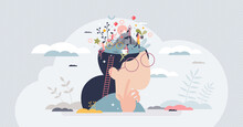 Daydreaming Imagination And Inspirational Thinking Scene Tiny Person Concept. Relax And Think About Vision, Wishes And Life Future Vector Illustration. Fantasy And Brainstorm Process Visualization.