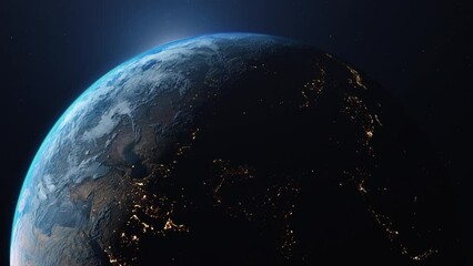 beautiful earth planet scene. space zoom spinning view, concept of climate change, day and night, ci