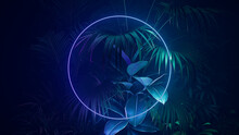 Futuristic Background Design. Tropical Plants With Green And Purple, Circle Shaped Neon Frame.