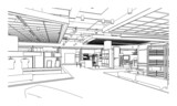 Fototapeta Desenie - line drawing of restaurant and mall,Modern design,3d rendering