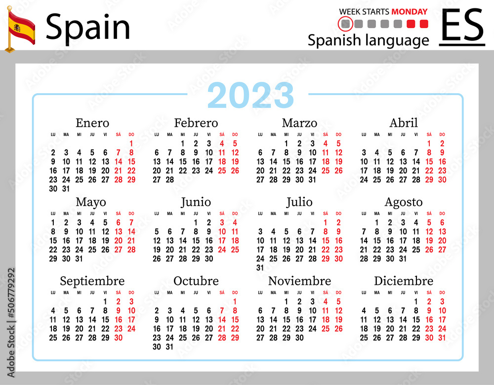 Spanish horizontal pocket calendar for 2023. Week starts Monday Stock ...