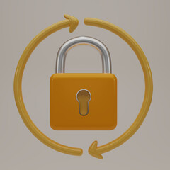 3d render Lock reload icon, Realistic Yellow Locked padlock with arrow circle. Minimal secure key protection. 3d rendering illustration.