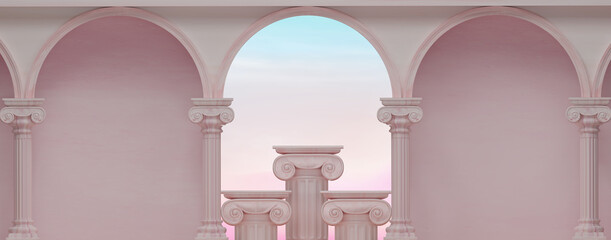 3D render Classic pink pillars pedestal with blue sky on doorways. classical interior marble architecture for showing product. Ancient greek architecture with pillars. 3d rendering.