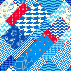 Fototapete - Patchwork seamless pattern in marine style. Art seamless background.