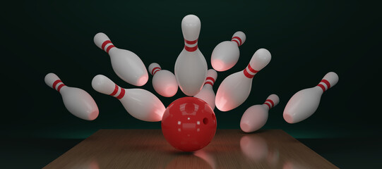 Wall Mural - 3d render a red bowling ball crashing into the pins on a dark green background. Bowling ball striking against pins. Concept of success and win. 3D rendering illustration.