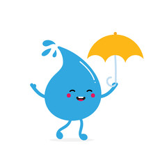 Wall Mural - Cute happy cartoon style blue water drop character holding umbrella.
