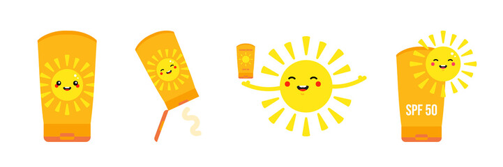 Wall Mural - Set, collection of sunscreen tubes and cute sun characters. Sun protection during summer time vector icons, illustration.