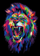 Wall Mural - colorful lion head in pop art style isolated on black background. vector illustration