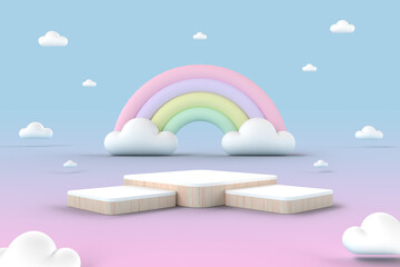 A set of wooden square product display podium with rainbow on the sky in pastel tone color for baby and kid. 3D rendering.