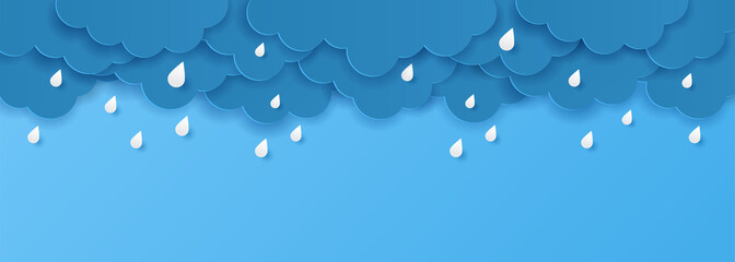 Wall Mural - Paper cut with monsoon season banner. Clouds and drops rain on blue background. Vector illustration