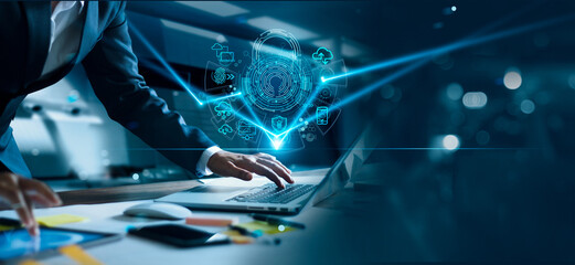 Poster - Cyber security network. Padlock icon and internet technology networking. Businessman protecting data personal information on laptop. Internet network security and data protection privacy. GDPR. EU.