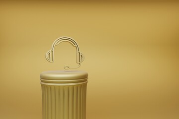 Poster - Beautiful abstract illustrations golden Big Headphones with Microphone  music symbol icons on a golden column and wonderful background. 3d rendering illustration. Background pattern for design.