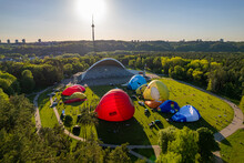 Aerial Spring Evening View Of Rising Hot Air Balloons Over Vingis Park In Vilnius, Lithuania