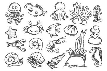 Wall Mural - doodle design sea animal collection underwater creatures