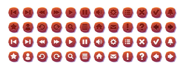 Circle buttons with wooden texture and icons for game menu interface or website. Vector cartoon set of ui elements from brown timber with signs isolated on white background
