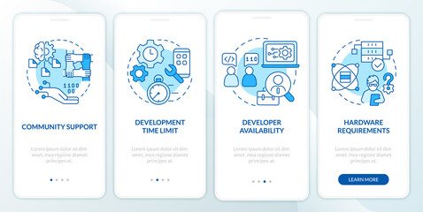 Programing language selection criteria blue onboarding mobile app screen. Walkthrough 4 steps graphic instructions with linear concepts. UI, UX, GUI template. Myriad Pro-Bold, Regular fonts used