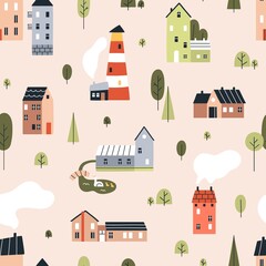 Wall Mural - scandinavian houses pattern. seamless background with cute homes, city and town buildings, lighthous