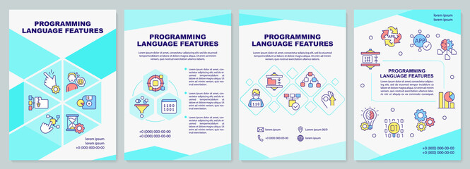 Programming language features brochure template. Writing code. Leaflet design with linear icons. 4 vector layouts for presentation, annual reports. Arial-Black, Myriad Pro-Regular fonts used