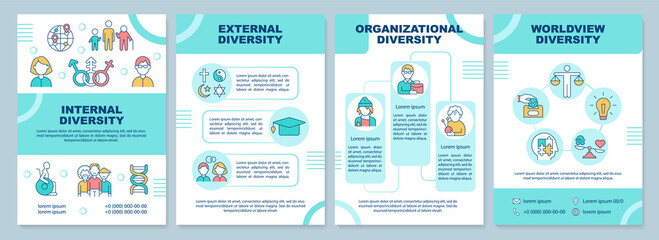 Workplace diversity turquoise brochure template. Team work. Leaflet design with linear icons. Editable 4 vector layouts for presentation, annual reports. Arial-Black, Myriad Pro-Regular fonts used