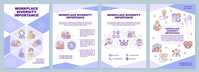 Wall Mural - Workplace diversity importance purple brochure template. Leaflet design with linear icons. Editable 4 vector layouts for presentation, annual reports. Arial-Black, Myriad Pro-Regular fonts used