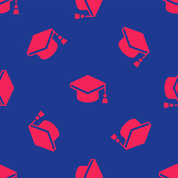 Red Graduation cap icon isolated seamless pattern on blue background. Graduation hat with tassel icon. Vector