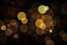Abstract Gold Bokeh On Black Background. Transparent Overlap Circle Shapes. Bokeh Bubbles. Elegant Golden Geometric Shapes Texture. Suit For Banner, Poster, Wallpaper, Flyer. Vector Illustration