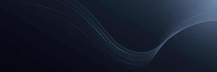 Abstract flowing wave lines on dark background. Dynamic motion wave lines design element. Modern futuristic gradient flow lines. Suit for banner, poster, cover, website, header. Vector illustration