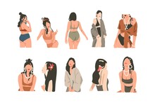 Hand Drawn Vector Abstract Stock Flat Graphic Contemporary Aesthetic Fashion Illustrations Collection Set With Bohemian,beautiful Modern Collage Women In Minimal Style Isolated.Modern Woman Design.