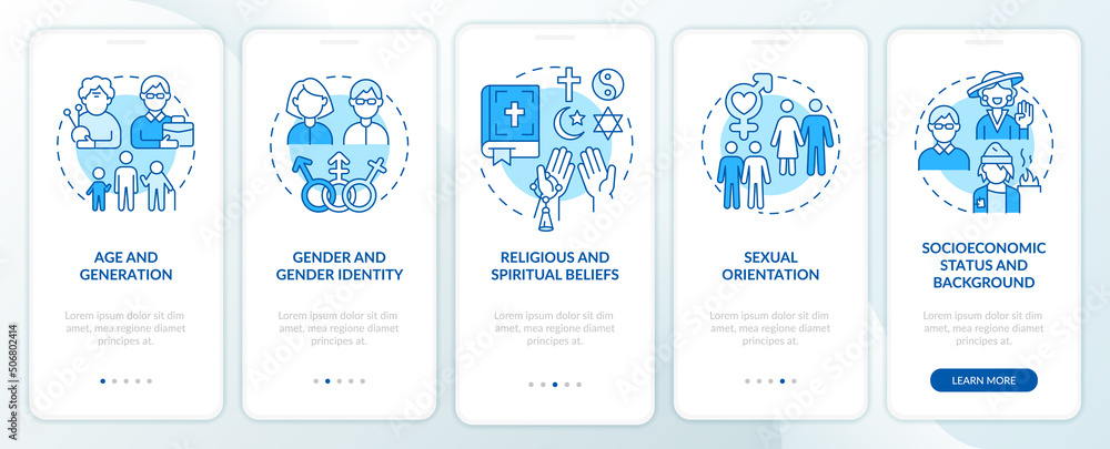 Vector de Stock Types of diversity blue onboarding mobile app screen ...