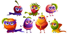 Fruits Superheroes Cartoon Characters, Super Hero Personages Cherry, Strawberry, Peach, Plum Or Mandarin With Pear Or Gooseberry Wear Cape And Mask. Funny Kids Menu Personages Vector Illustration, Set