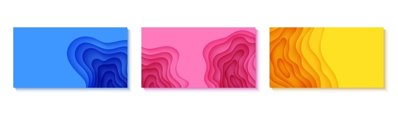 Wall Mural - Set of four horizontal flyers in cut paper style. Blue, yellow and pink template for posters, brochures, presentations, invitations with place for text . Collection of vector cards.