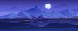 Nordic landscape with lake or river, mountains on horizon and full moon in sky. Vector cartoon illustration of winter nature scene with snowfall, rocks and reflection in water at night