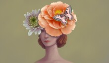 Woman And Flower Head. Concept Idea Art Of Surreal, Mystery And Love. Conceptual 3d Illustration. Human And Nature. Portrait Painting.