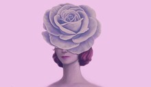 Woman And Rose Flower Head. Concept Idea Art Of Surreal, Mystery And Love. Conceptual 3d Illustration. Human And Nature. Portrait Painting.