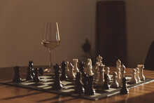 Chess Board With Glass Of Wine