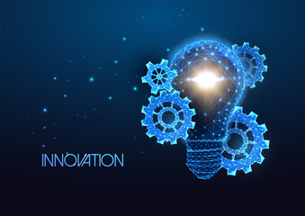 Wall Mural - futuristic business innovation concept with glowing lightbulb and gears, cog wheels on blue