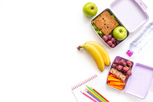 School Lunch Boxes Filled With Fruits And Vegetables. Healthy Meal