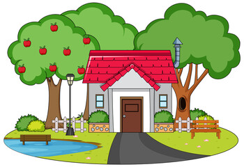 Wall Mural - house with many trees and little pond