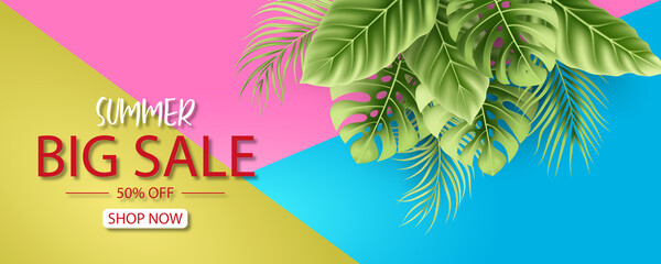 Poster - Summer sale banner design with tropical leaves background