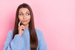 Photo of think young brown hairdo lady look promo wear blue sweater isolated on pink color background