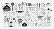 Big set of kitchen doodle sketch utensils hand-drawn with ink. Cups, teapots, pots. bottles. chopping boards ets. Inscription Bon appetit in different languages