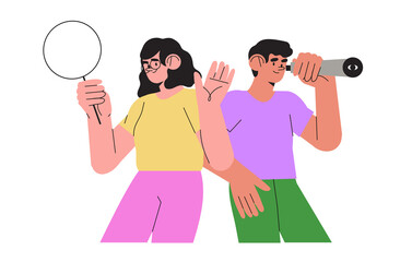 Woman with magnifying glass and man with spy glass. Concept employee, job and candidate search. People or office employees stand together and looking for new business or career opportunities.