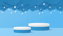 Paper Cut Of Monsoon Season With White And Blue Color Cylinder Podium For Products Display Presentation With Clouds, Raindrops. Vector Illustration
