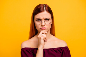 Poster - Photo of adorable serious woman wear red outfit eyewear arm chin looking you isolated yellow color background